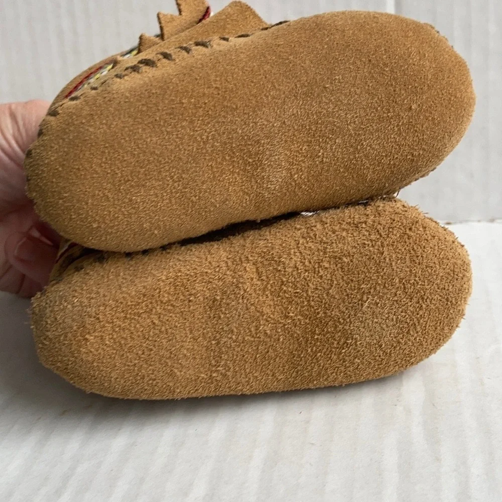 Baby Minnetonka Moccasin brown suede yellow black red braided booties with tie